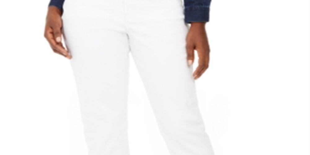 Calça jeans feminina estilo curvilíneo com punho e corte estilo namorada, branca, tamanho 2