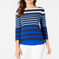 Charter Club Blusa feminina listrada de algodão Pima com botões e ombros, tamanho grande, azul