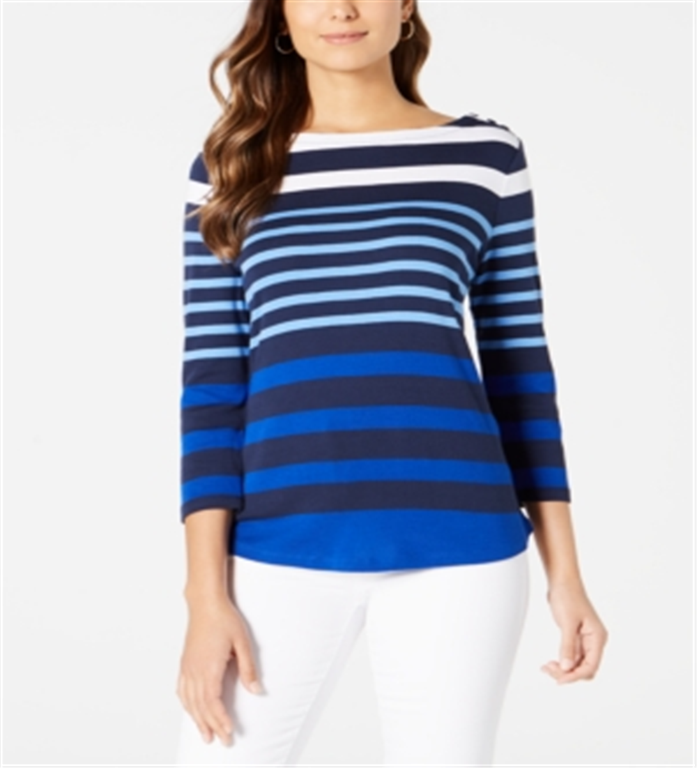 Charter Club Blusa feminina listrada de algodão Pima com botões e ombros, tamanho grande, azul