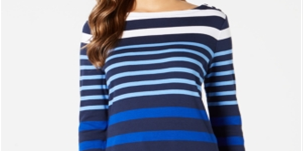 Charter Club Blusa feminina listrada de algodão Pima com botões e ombros, tamanho grande, azul