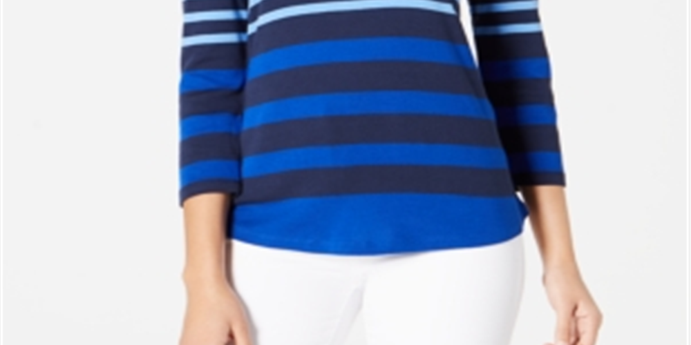 Charter Club Blusa feminina listrada de algodão Pima com botões e ombros, tamanho grande, azul