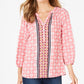 Top feminino estampado com decote dividido e manga 3/4, tamanho XX-G, rosa, Charter Club