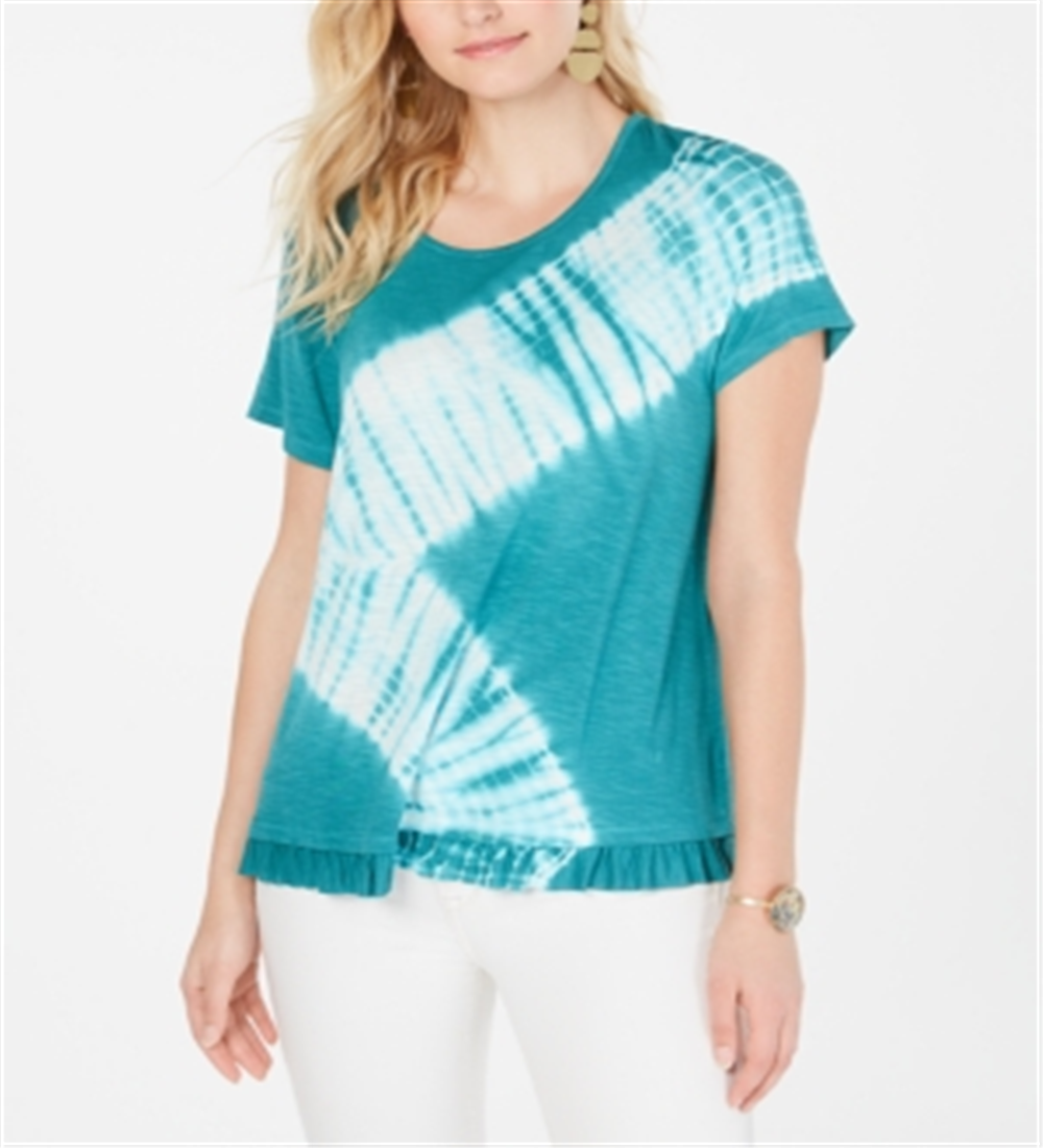 Camiseta feminina estilo &amp; co com babados e tingimento tie-dye, azul, tamanho pequeno G