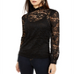 Blusa feminina de renda com decote redondo e manga curta da INC International Concepts, preta, tamanho pequeno GG