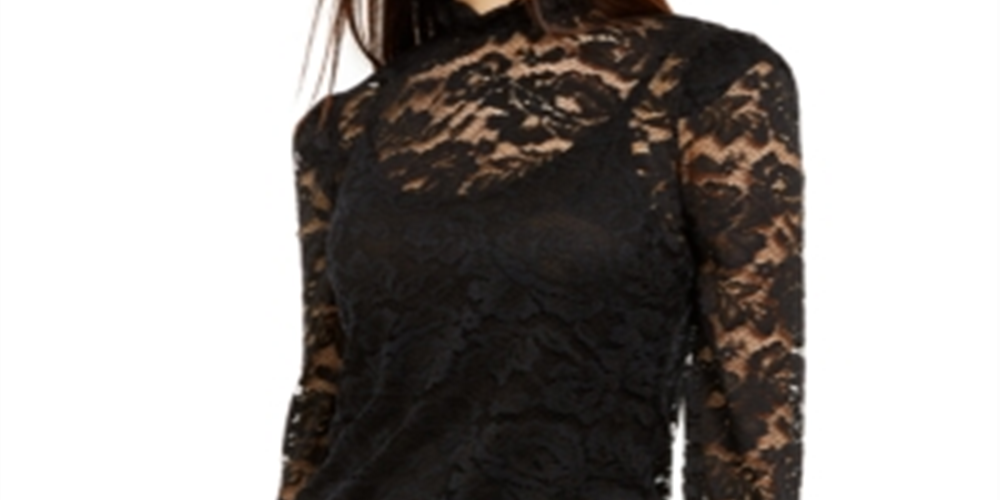 Blusa feminina de renda com decote redondo e manga curta da INC International Concepts, preta, tamanho pequeno GG