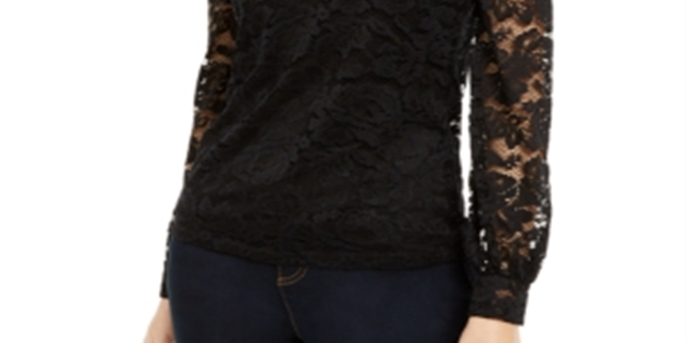 Blusa feminina de renda com decote redondo e manga curta da INC International Concepts, preta, tamanho pequeno GG