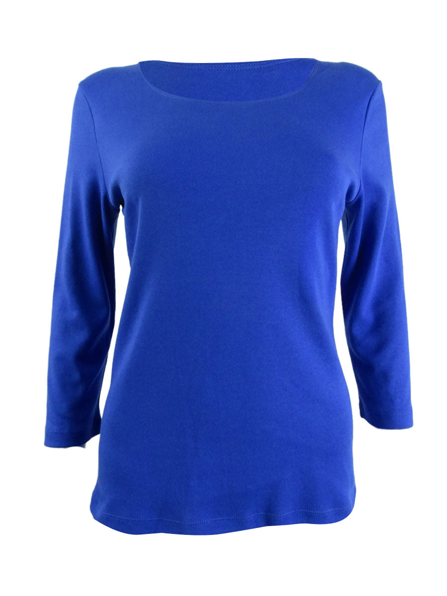 Karen Scott Blusa feminina de algodão com decote redondo, azul, tamanho pequeno e pequeno