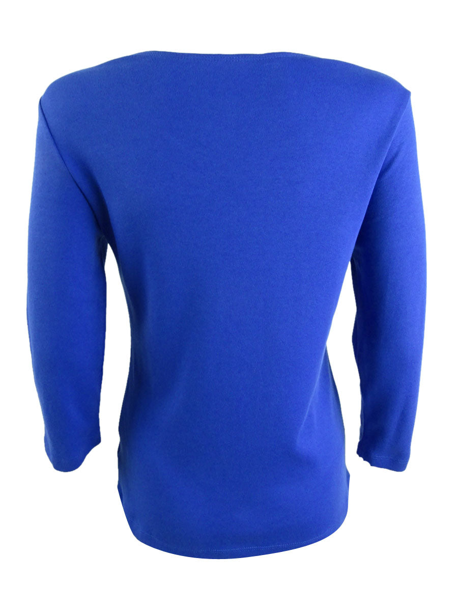 Karen Scott Blusa feminina de algodão com decote redondo, azul, tamanho pequeno e pequeno