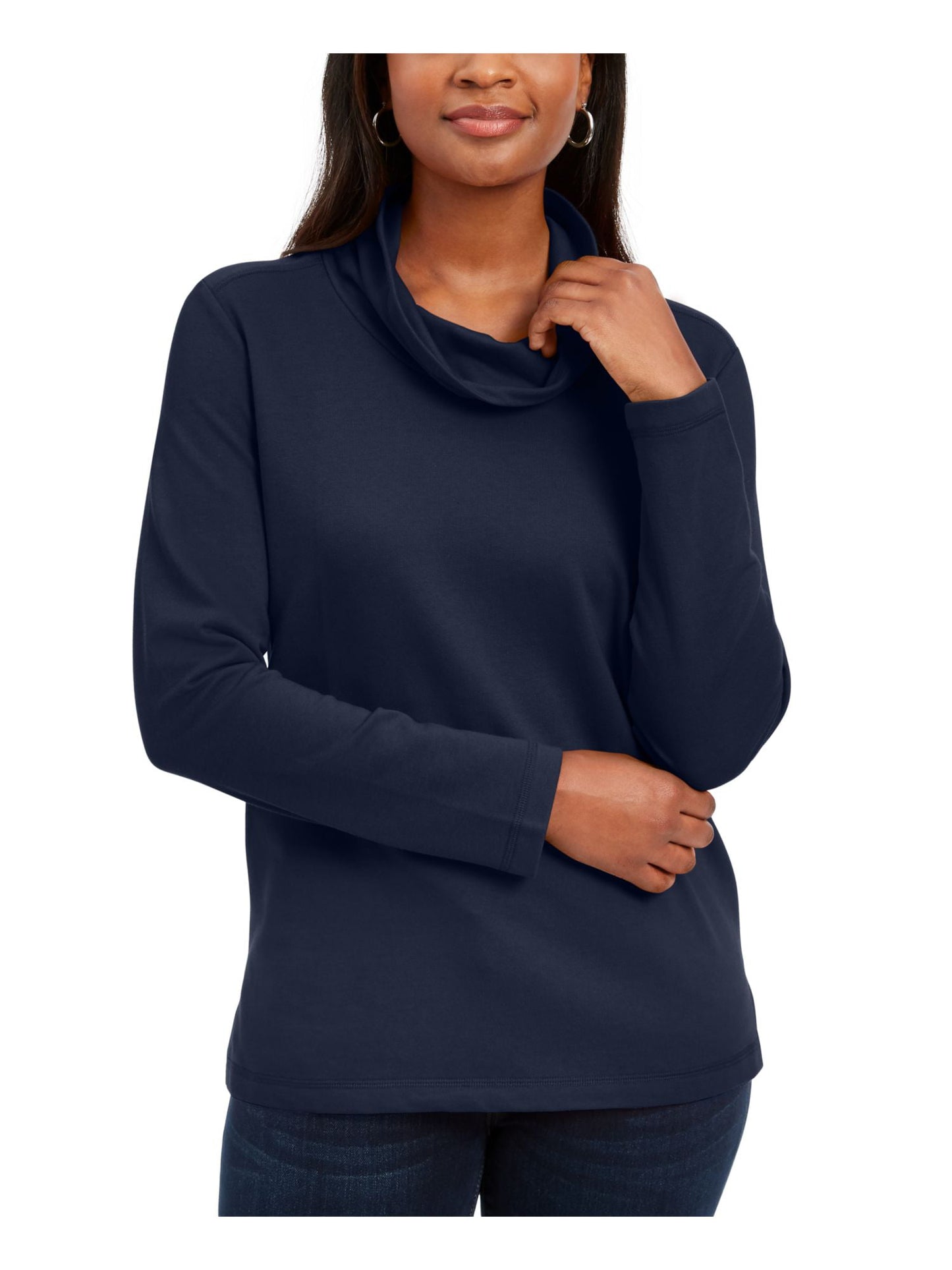 Blusa feminina Karen Scott com manga comprida mesclada e gola alta, preta, tamanho pequeno médio
