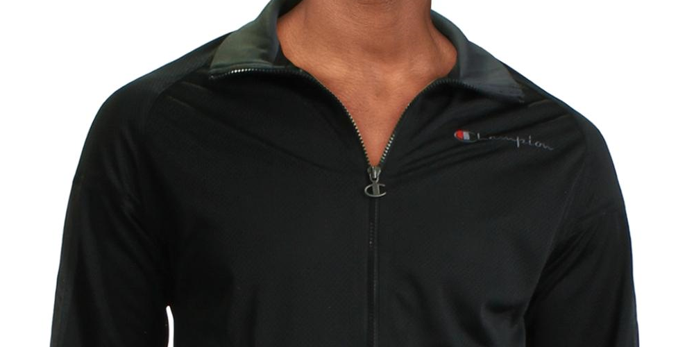 Jaqueta de aquecimento Champion masculina com blocos de cor e malha, preta, tamanho X-G
