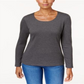 Karen Scott Blusa feminina de algodão com decote redondo, preta, tamanho grande