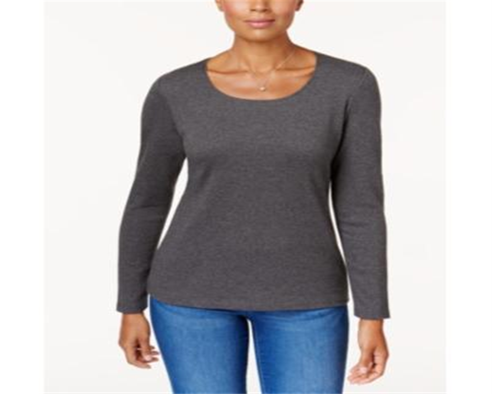 Karen Scott Blusa feminina de algodão com decote redondo, preta, tamanho grande