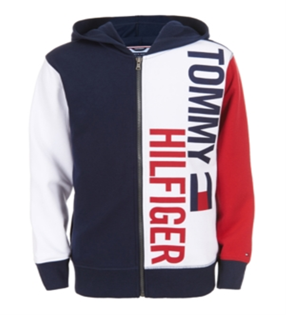 Tommy Hilfiger Big Boy's Lawrence Moletom com capuz e zíper com logo e bloco de cores, azul, tamanho M