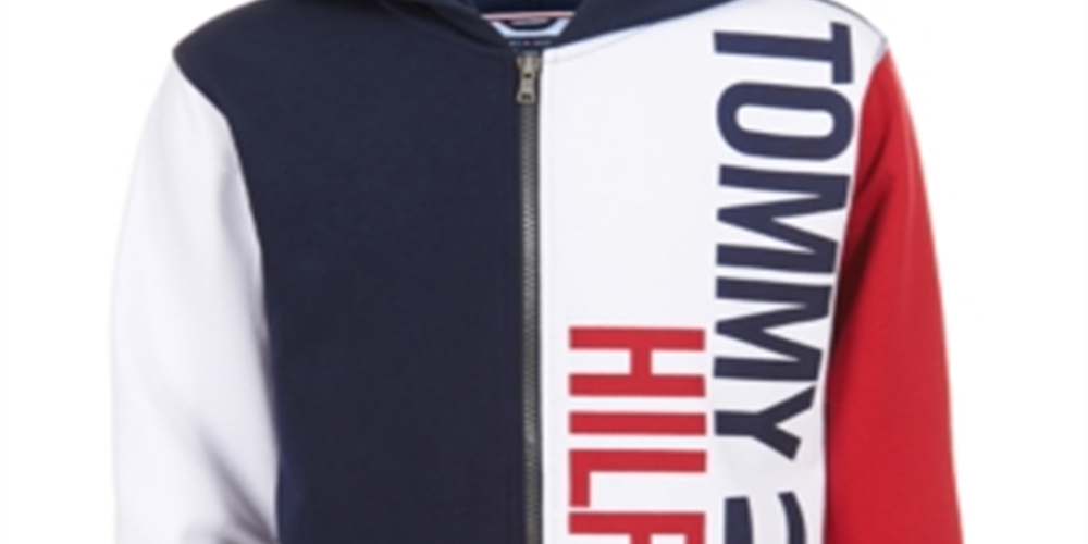 Tommy Hilfiger Big Boy's Lawrence Moletom com capuz e zíper com logo e bloco de cores, azul, tamanho M