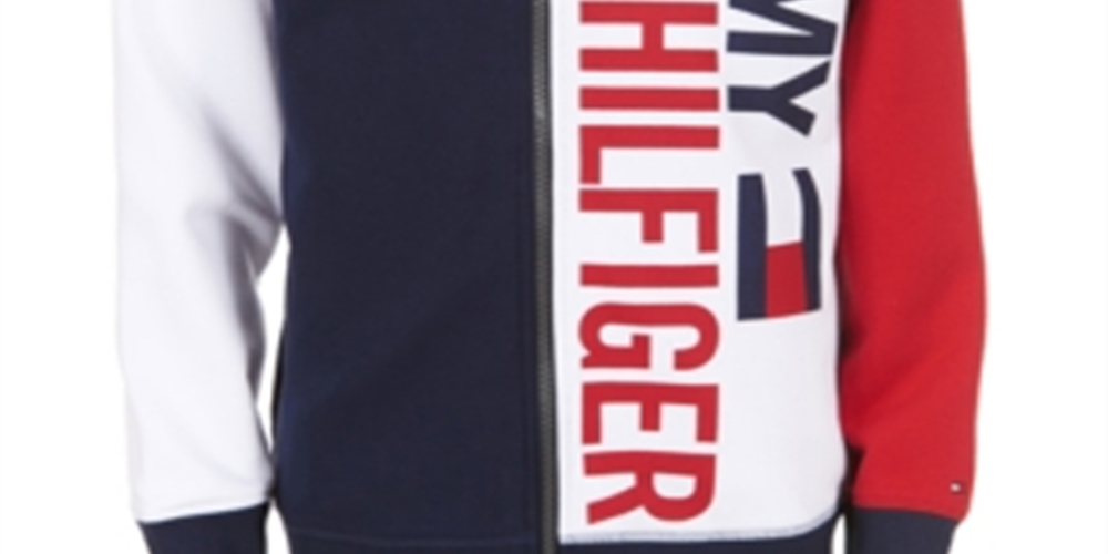Tommy Hilfiger Big Boy's Lawrence Moletom com capuz e zíper com logo e bloco de cores, azul, tamanho M