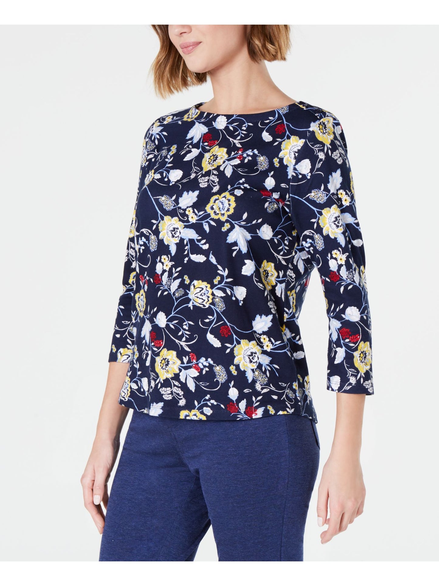 Charter Club Blusa feminina floral com manga 3/4 e decote canoa, azul, tamanho grande
