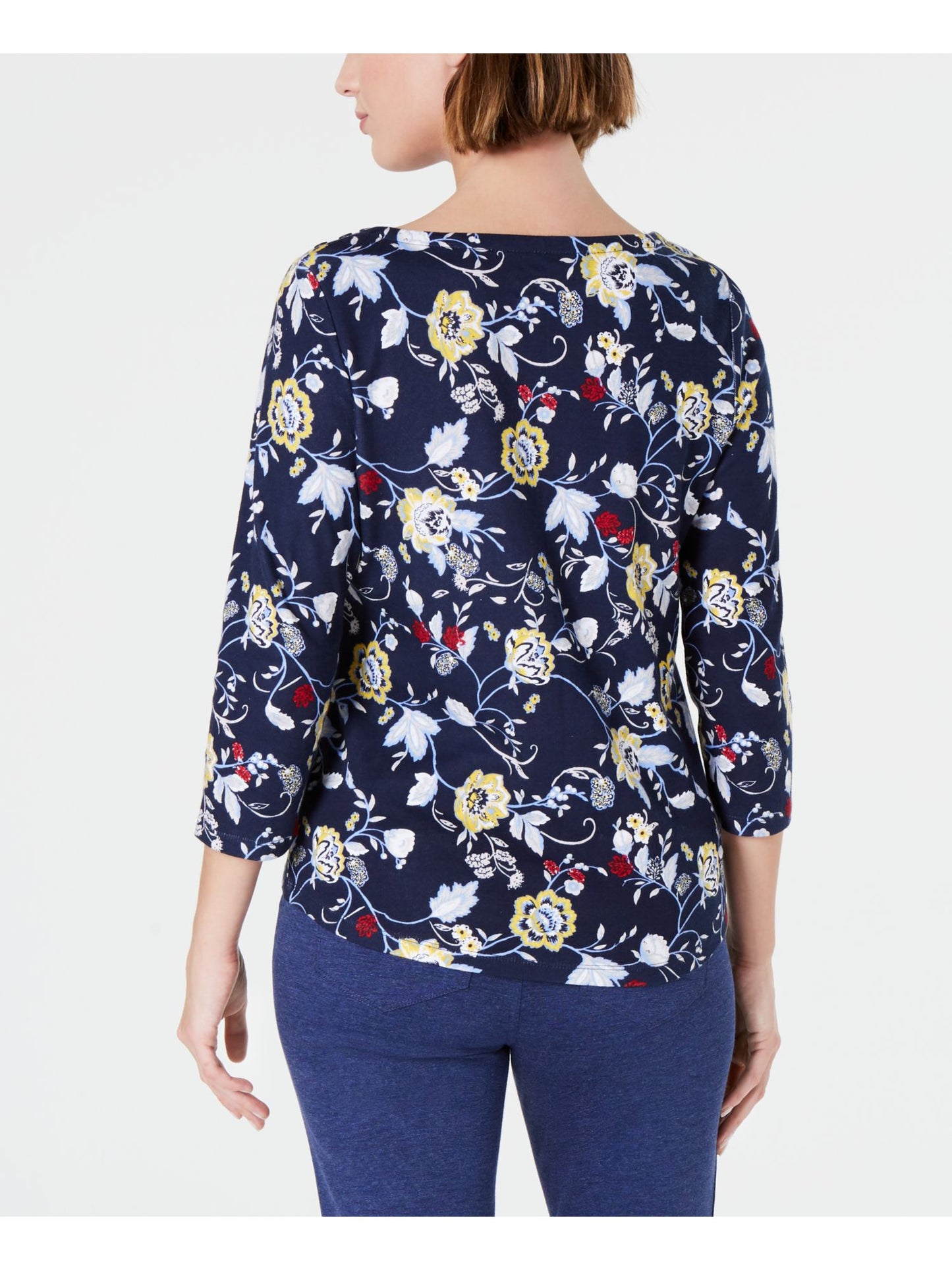 Charter Club Blusa feminina floral com manga 3/4 e decote canoa, azul, tamanho grande