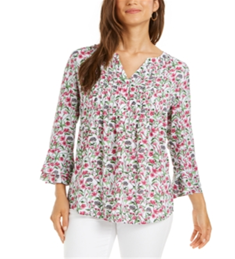 Blusa plissada com estampa floral feminina Charter Club, branca, tamanho pequeno