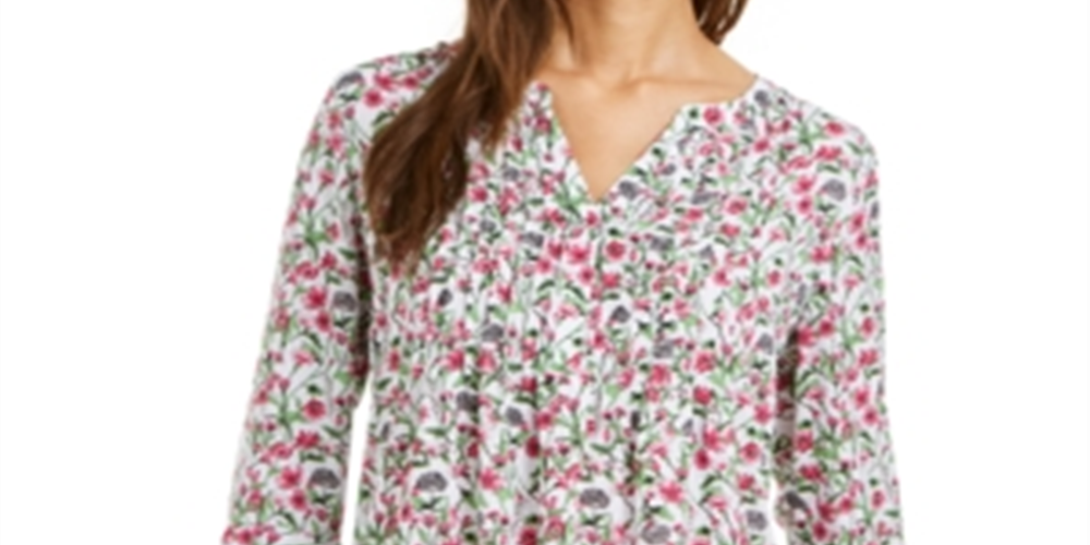Blusa plissada com estampa floral feminina Charter Club, branca, tamanho pequeno