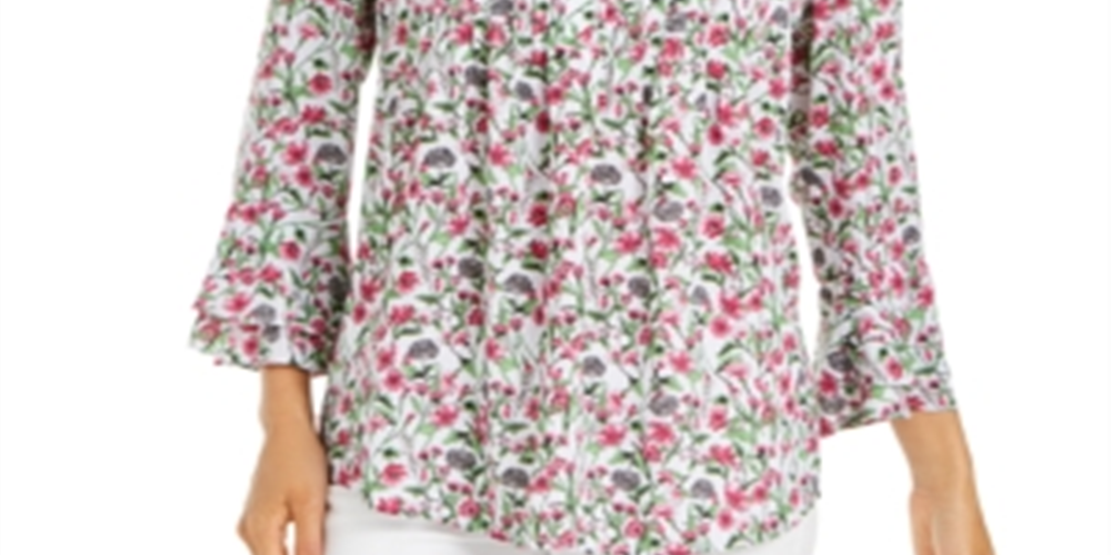 Blusa plissada com estampa floral feminina Charter Club, branca, tamanho pequeno