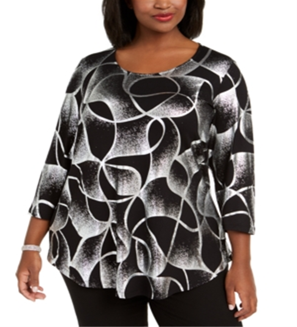 JM Collection Top estampado feminino plus size preto - prata tamanho 0X