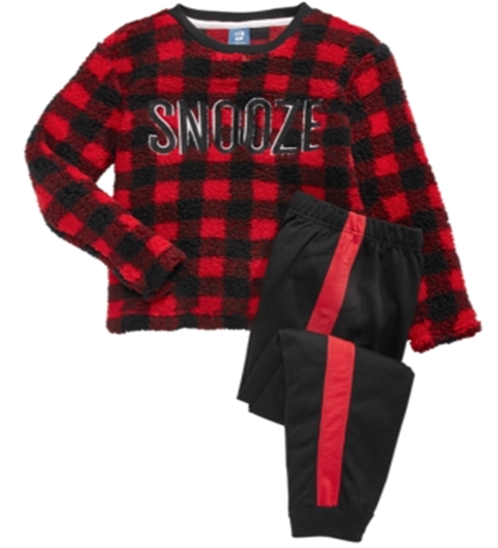 Conjunto de pijama Max &amp; Olivia Big Boy's com 2 peças, blusa de lã sintética Snooze e calças coloridas, vermelho e preto, tamanho P