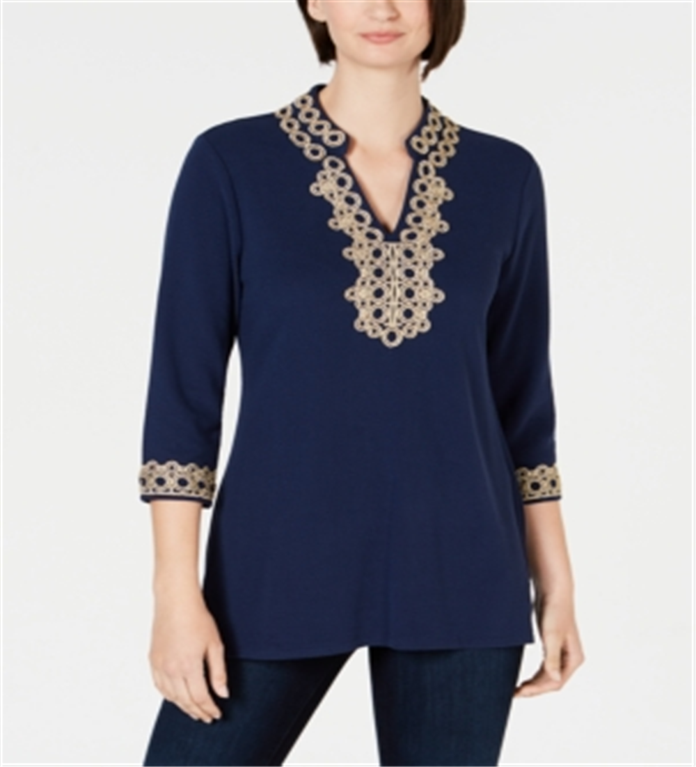 Túnica feminina Charter Club com acabamento em renda, azul, tamanho X-S