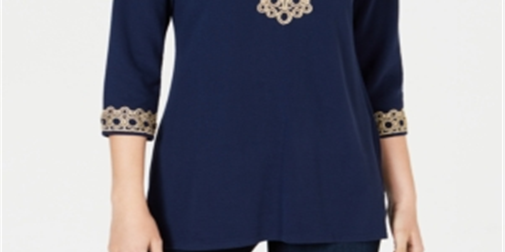 Túnica feminina Charter Club com acabamento em renda, azul, tamanho X-S