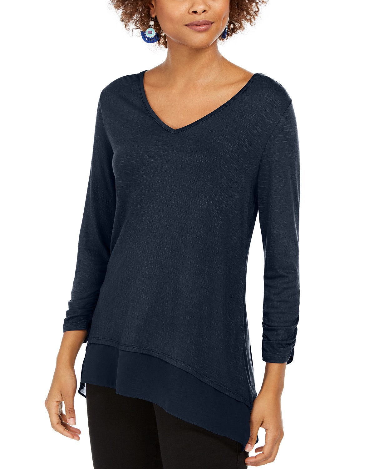 Blusa feminina Style &amp; Co com decote em V e bainha de chiffon azul, tamanho grande