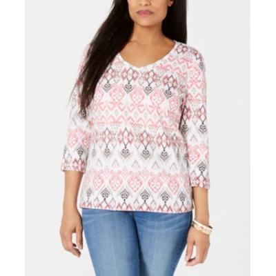 Blusa feminina estampada com decote em V, tamanho P, laranja, Karen Scott