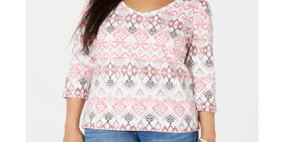 Blusa feminina estampada com decote em V, tamanho P, laranja, Karen Scott