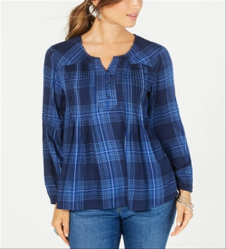 Style & Co Women's Plaid Pleated Top Blue Size Petite Large