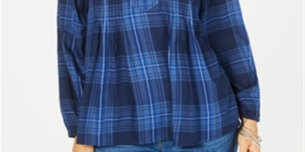 Blusa plissada xadrez feminina Style &amp; Co, azul, tamanho pequeno grande