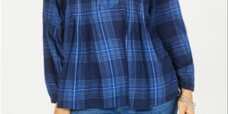 Blusa plissada xadrez feminina Style &amp; Co, azul, tamanho pequeno grande