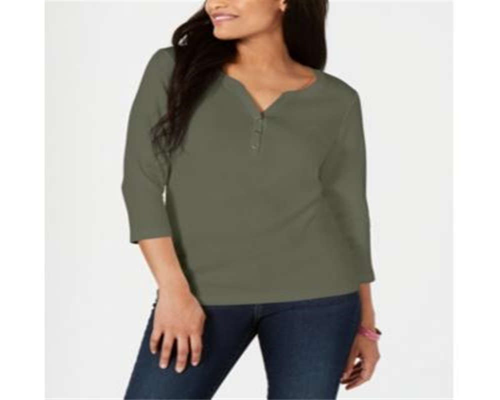Karen Scott Top Henley de Algodão Feminino Verde Tamanho XX-G