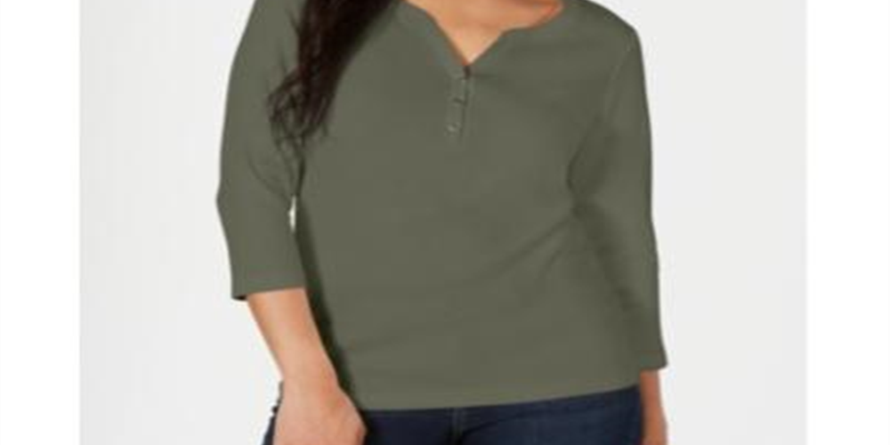 Karen Scott Top Henley de Algodão Feminino Verde Tamanho XX-G