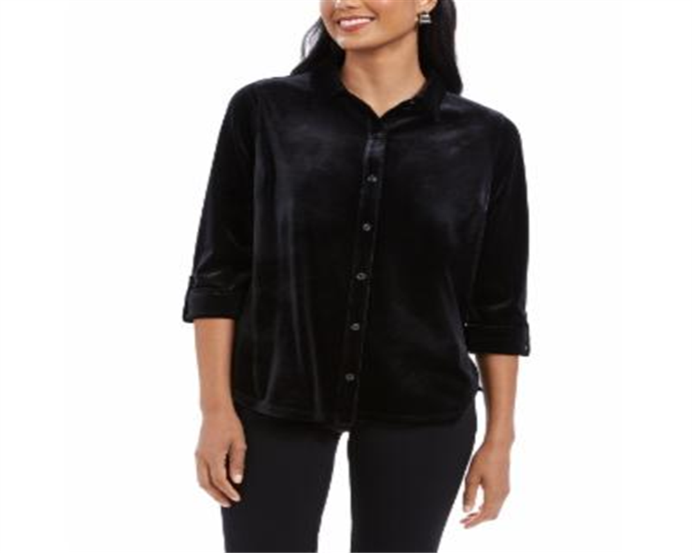 Charter Club Blusa de veludo feminina com botões frontais, preta, tamanho pequeno médio