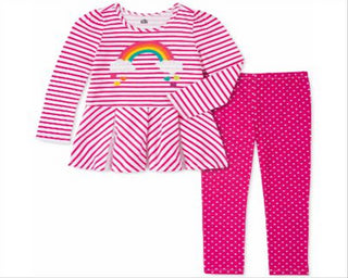 Conjunto de túnica arco-íris e leggings de bolinhas para meninas, 2 peças, infantil, infantil, rosa, tamanho 2T