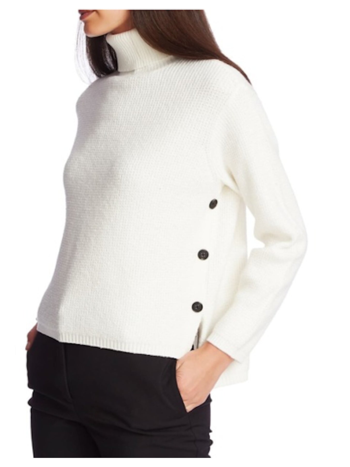 1.STATE Suéter feminino de malha waffle com detalhe de botão e gola alta, branco, tamanho médio