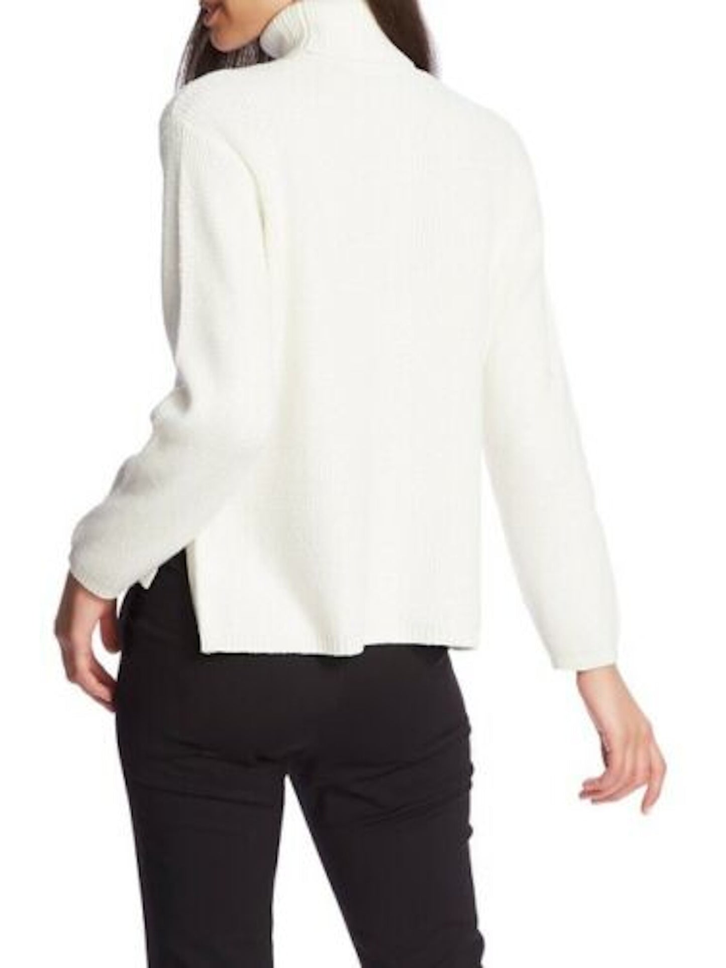 1.STATE Suéter feminino de malha waffle com detalhe de botão e gola alta, branco, tamanho médio