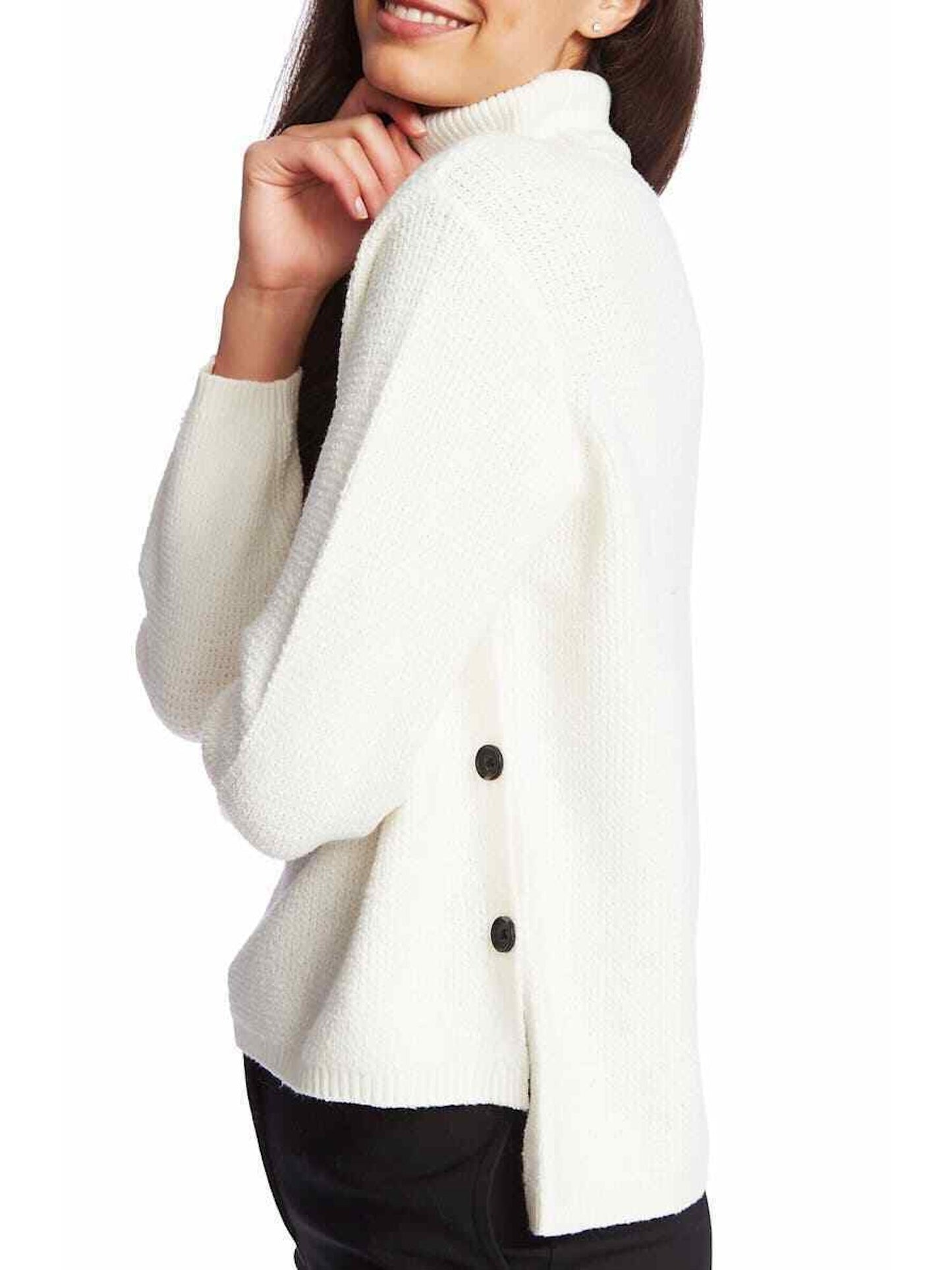 1.STATE Suéter feminino de malha waffle com detalhe de botão e gola alta, branco, tamanho médio