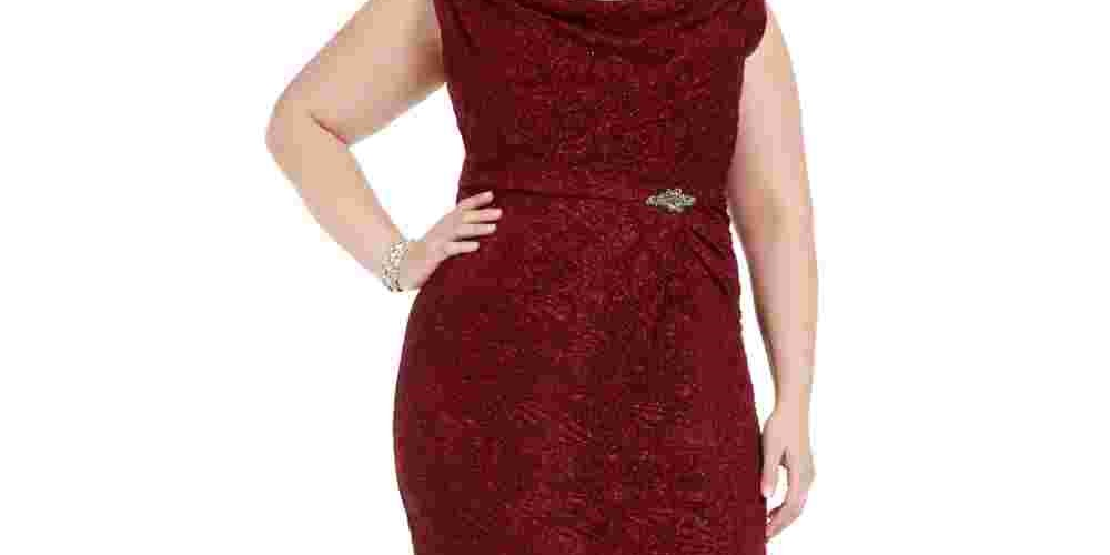 Alex Evenings Vestido longo formal feminino vermelho com lantejoulas e sem mangas, gola canoa, tamanho 20W