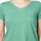 Camiseta feminina com decote em V e bolso, tamanho menta, pequena P