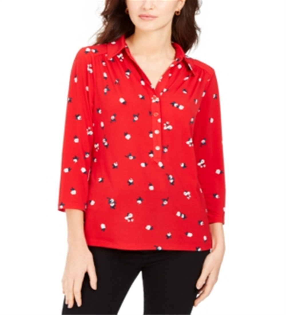 Camisa polo feminina Charter Club com estampa de manga 3/4, vermelha, tamanho X-S