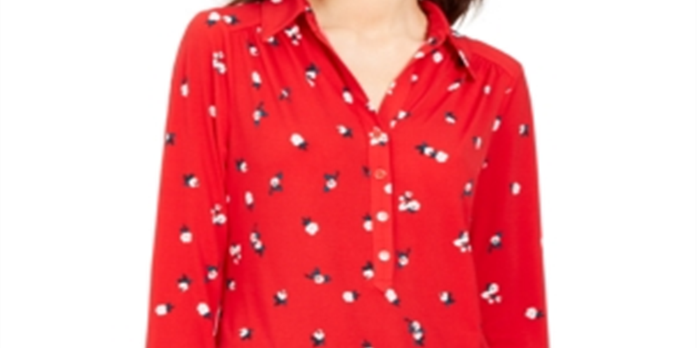 Camisa polo feminina Charter Club com estampa de manga 3/4, vermelha, tamanho X-S