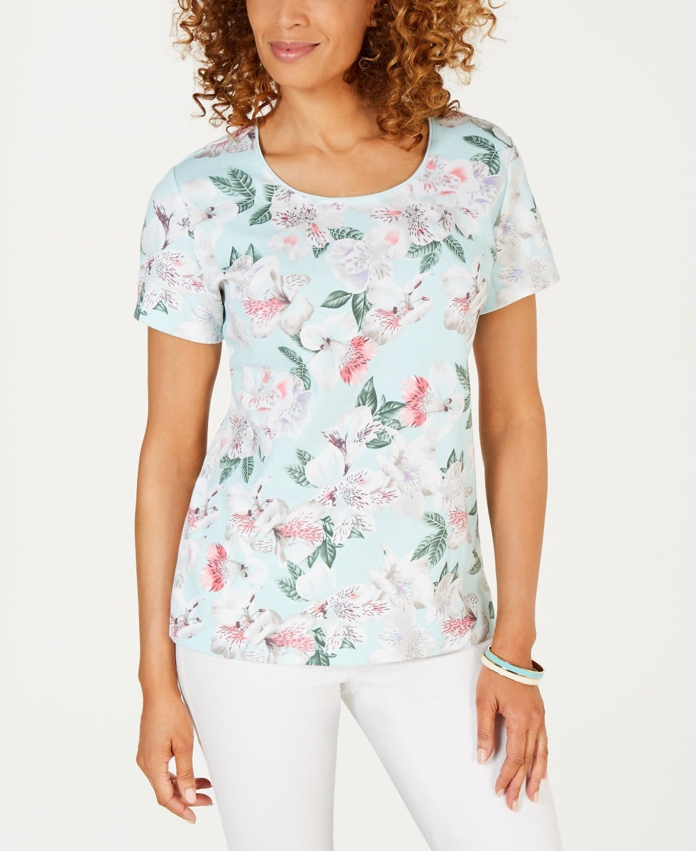 Camiseta feminina estampada Karen Scott com decote redondo, azul, tamanho médio