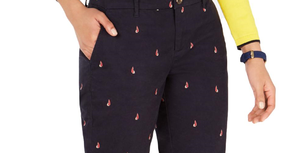 Calça chino feminina Tommy Hilfiger com estampa de barco, azul-marinho, tamanho 8
