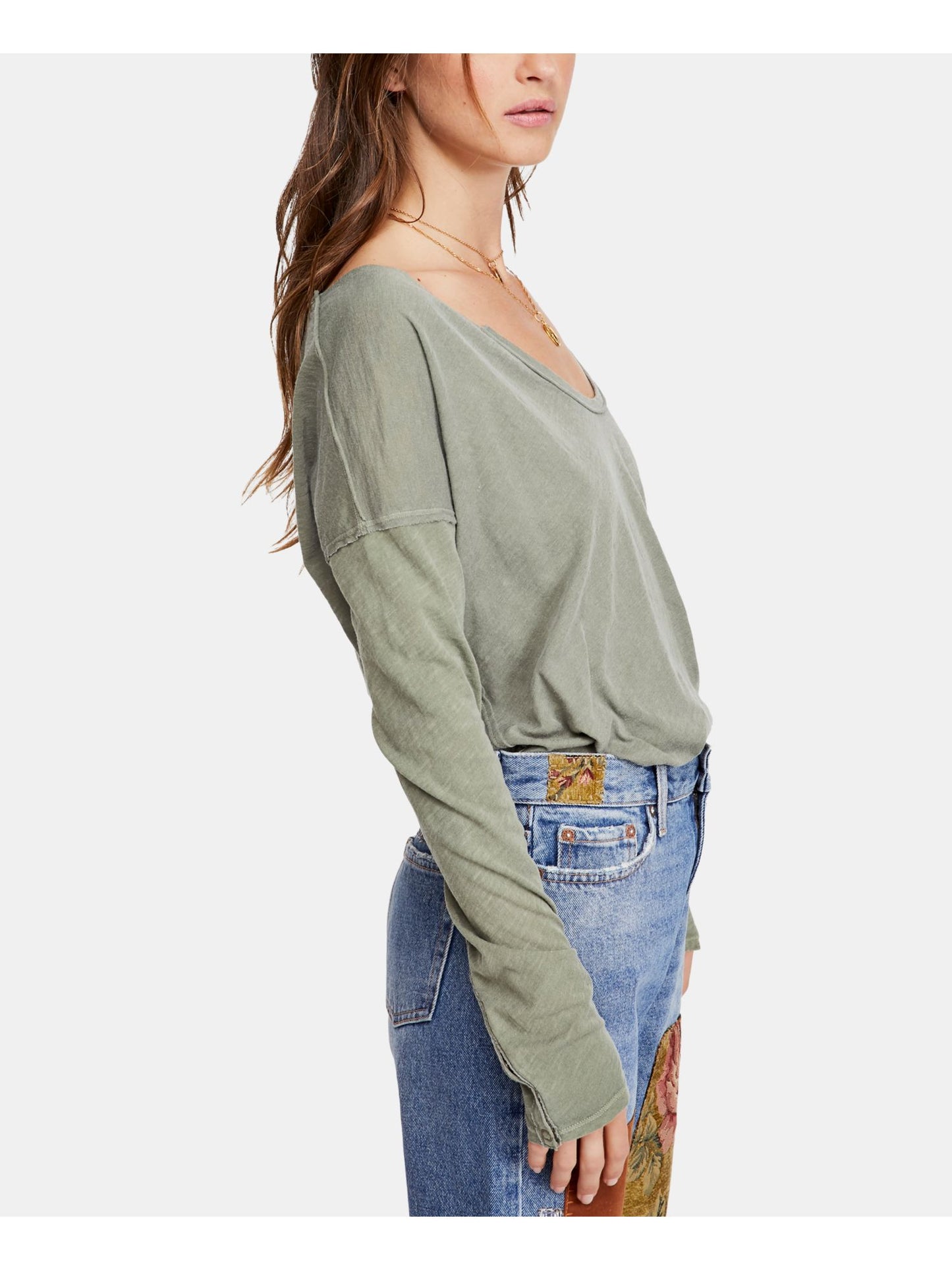 Camiseta feminina Free People com decote redondo e detalhe de pressão Sienna, verde, tamanho pequeno
