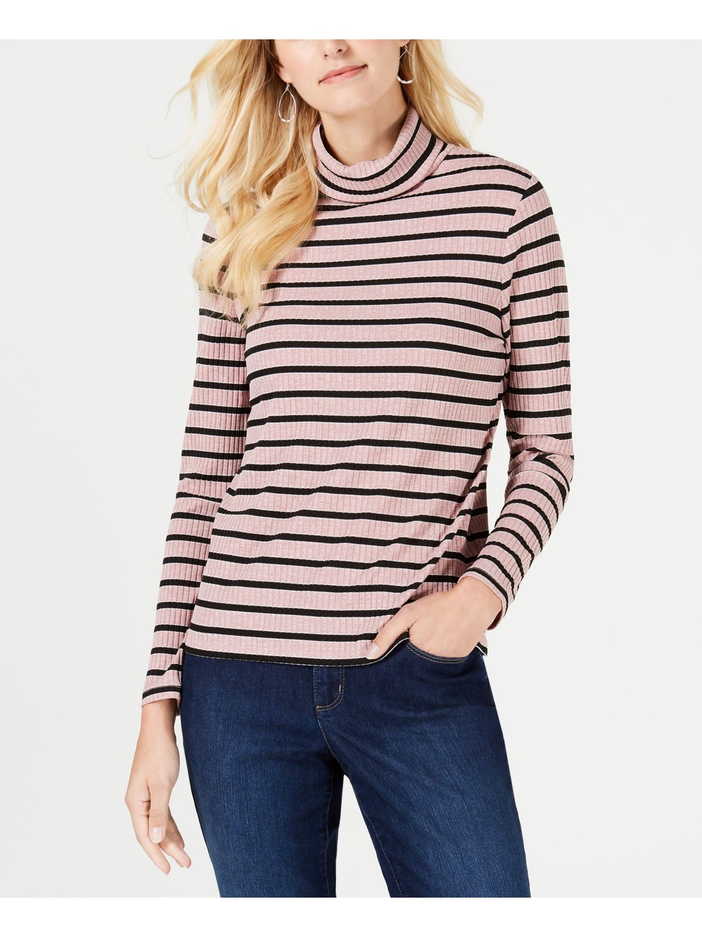 Charter Club Blusa feminina listrada de manga comprida e gola alta, rosa, tamanho pequeno grande