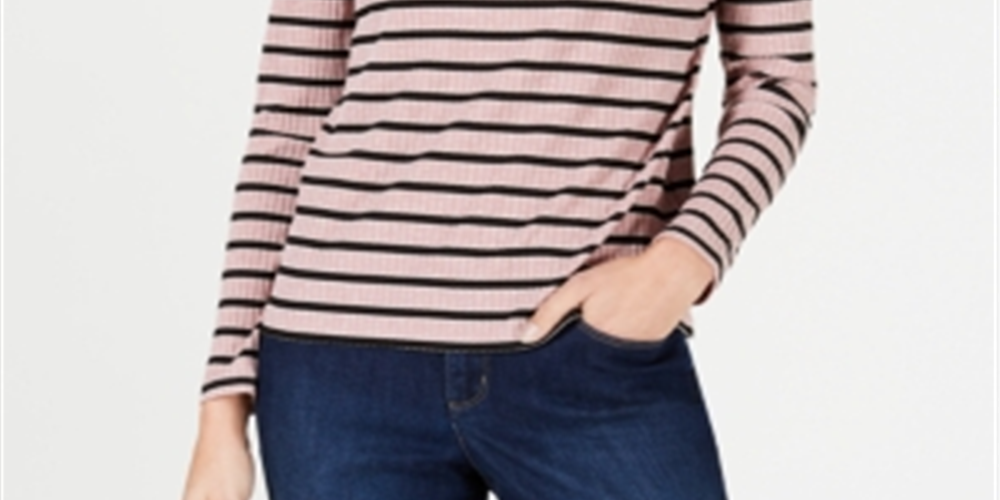 Charter Club Blusa feminina listrada de manga comprida e gola alta, rosa, tamanho pequeno grande